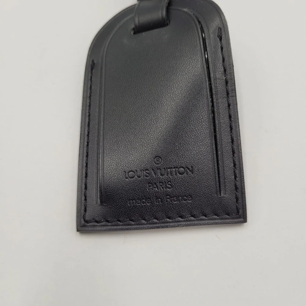 Louis Vuitton Black Leather Luggage Tag Silver Buckle France Travel Accessory